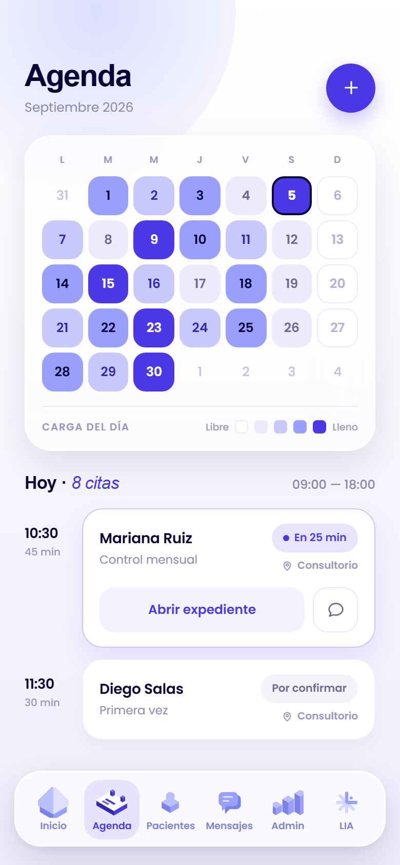 Agenda de LIA: el mes, la carga de cada día y las citas de la jornada.