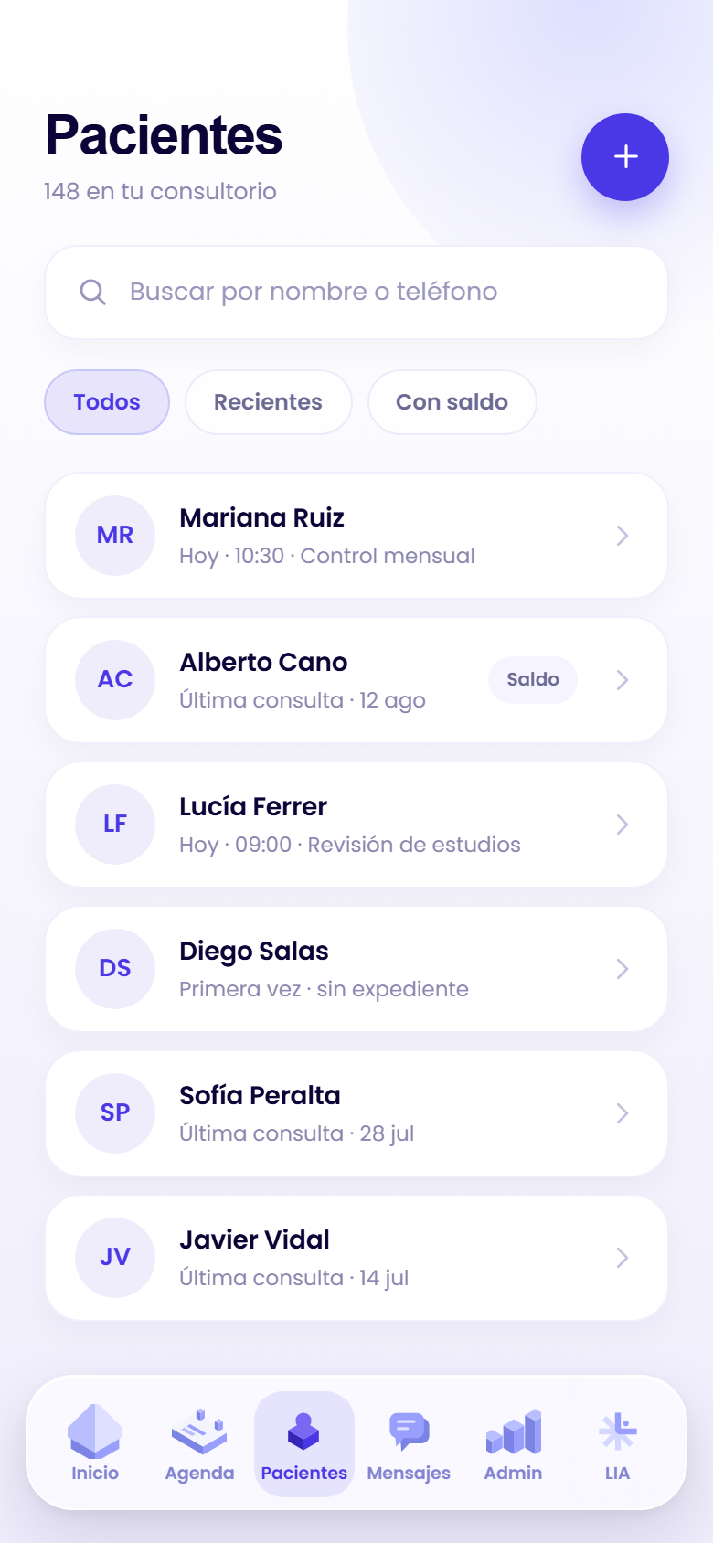 Lista de pacientes de LIA con su última consulta y su saldo.